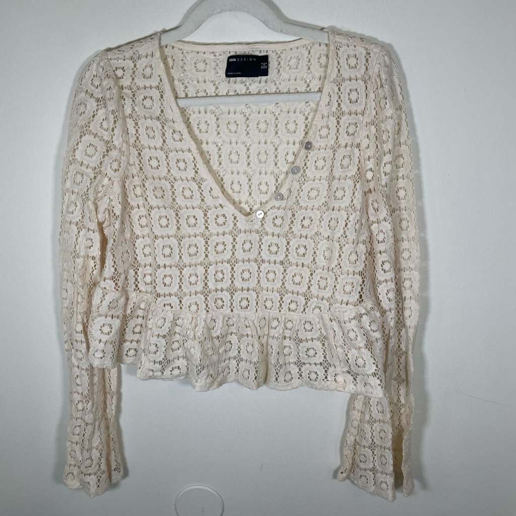 Asos Design Crochet Bell Sleeve Top And Ruffle Hem